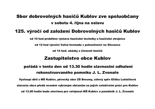 Kublov - oslava 125. výročí založení hasičů a odhalení opraveného pomníku J.L.Zvonaře